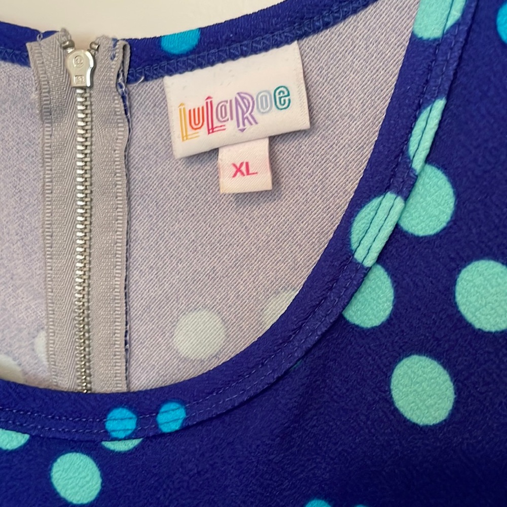 LuLaRoe Amelia Dress: Blue with Blue/Sea-foam Green Dots with Pockets (XL) - Picture 3 of 4